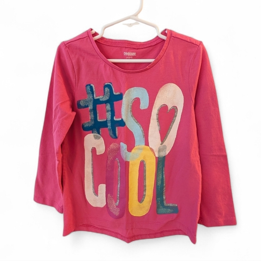 Gymboree Girls Pink Long-Sleeve Tee with Colorful "#SO COOL" Cotton Size S 5/6
